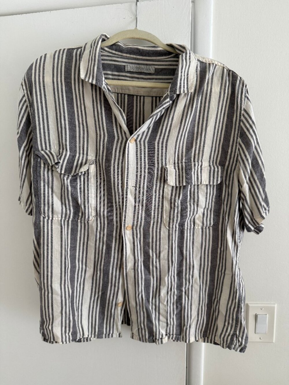 Outerknown Men's Striped Camp Shirt Gray Cream XL